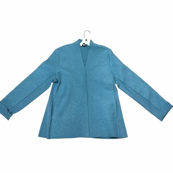 Eileen Fisher Teal Boiled Wool Jacket Cardigan Size M Minimalist - Picture 2 of 6